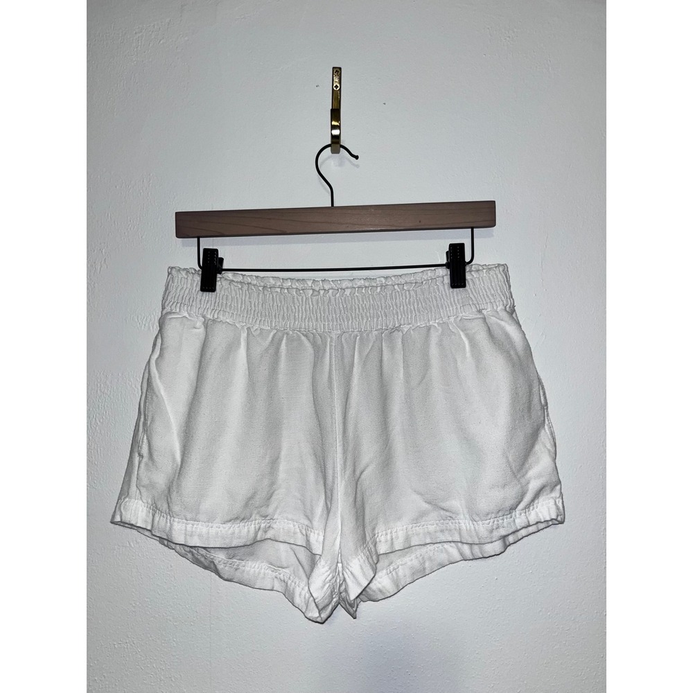 ONeill Womens White Linen Blend Smocked Waist Beach Shorts Size L Pockets Cotton